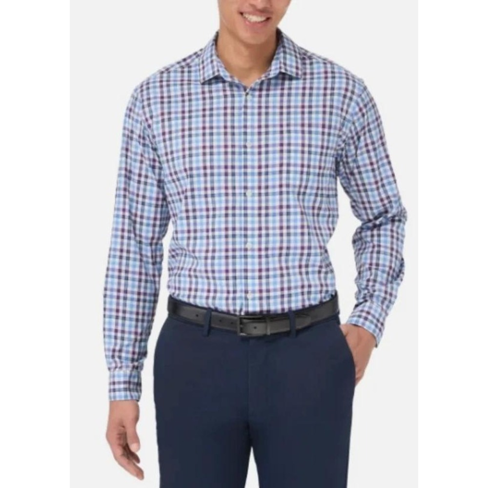 NWOT Kirkland Signature Sport Dress Shirt Men's L Blue Nylon Plaid Stretched
